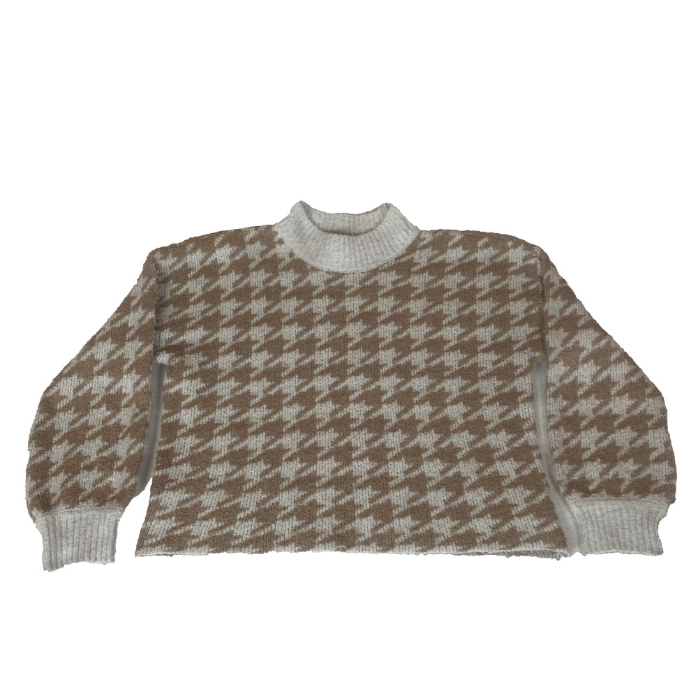Pink Rose Houndstooth Preppy Academia Cropped Brown Chunky Knit Sweater